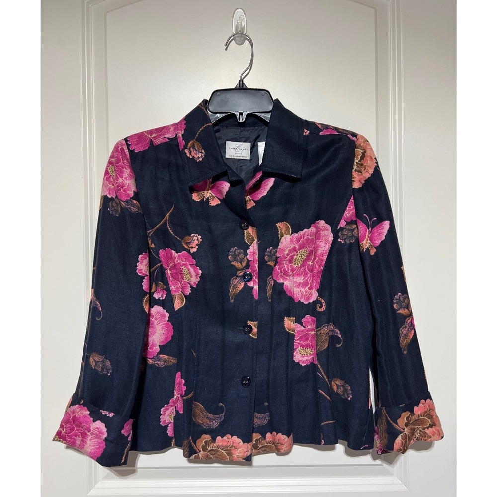 Emma & James Petite Navy Blue Floral Butterfly Linen Blend Blazer Jacket Size 8P